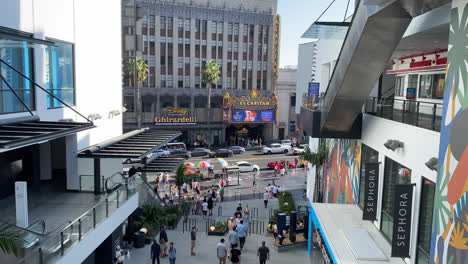 Crowd-Of-People,-Business-Buildings,-And-Traffic-Along-Hollywood-Boulevard-In-Hollywood,-California-At-Daytime