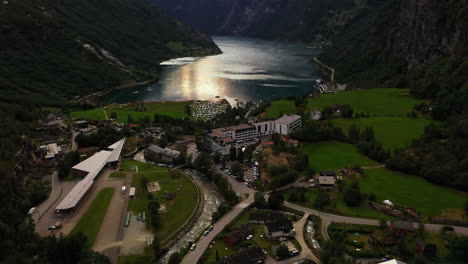 Aerial-view-of-the-Hotel-Union-Geiranger-AS,-in-Norway---tracking,-drone-shot