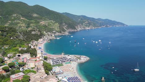 Monterosso-al-Mare-Coastal-Village-in-Cinque-Terre,-Vernazza,-La-Spezia,-Liguria,-Italy---Aerial-4k