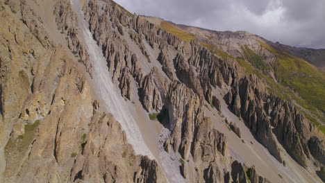 Landschaft-Aus-Steilen-Hügelhängen-Und-Einzigartigen-Schlammigen-Strukturen-In-Manang-Nepal,-Drohnenaufnahme-Der-Annapurna-Rundregion,-Berge,-Grün--Und-Gelbtöne,-Abenteuerliche-Natur-4k