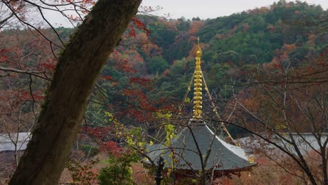 Autumn-Trees-and-Pagoda-Temple-at-Katsuo-ji-in-Minoh,-Osaka-4k