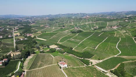 Vineyards-and-Hills-in-Langhe-Wine-Region-in-Barolo,-Piedmont,-Italy---Aerial-4k