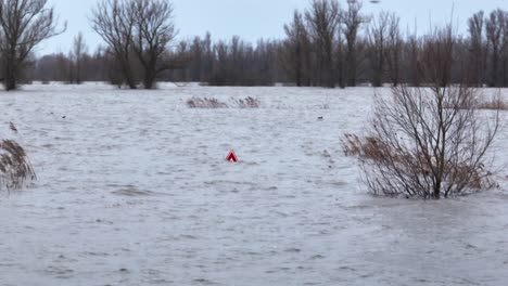 Flooding-in-the-Netherlands-along-the-Waal-River-in-Varik,-Gelderland,-Underwater-road-and-field