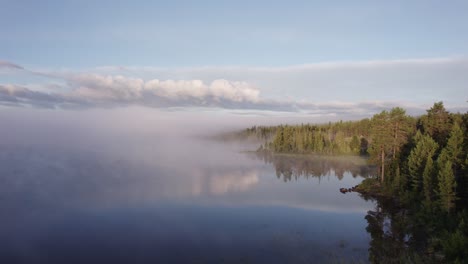 Morning-fog-over-tranquil-lake-reflecting-forest-in-peaceful-nature-DRONE-PUSH