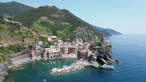 Cinque-Terre-Vernazza-Village-in-La-Spezia,-Liguria,-Italy---Aerial-4k