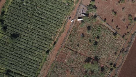 Drilling-borehole-well-on-arid-African-farmland,-Southern-Kenya,-aerial-top-down