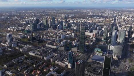 Aerial-slider-shot-over-Central-Warsaw-skyscrapers