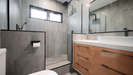 Executive-double-shower-with-modern-wooden-cabinetry-grey-floor-to-ceiling-tiles-and-full-length-mirror-restroom-interior