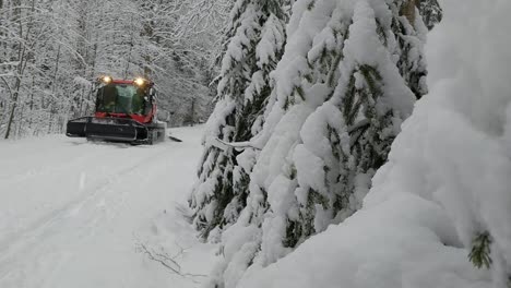 Pistenfahrzeug-Präpariert-Schneepisten-Im-Winterlichen-Waldweg