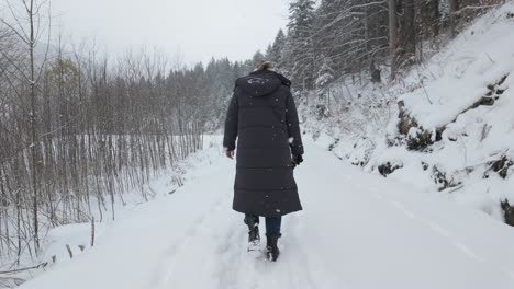 Woman-Walking-In-The-Snow-Through-The-Forest-During-Snowfall-In-Winter