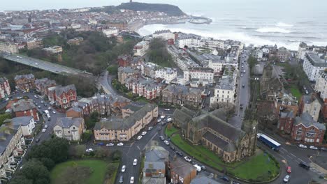 Aerial-drone-shot-of-Scarborough-bay-with-St