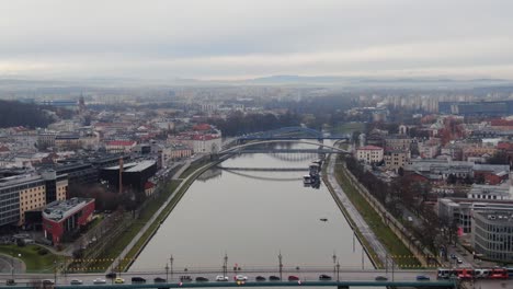 Scenic-aerial-panorama-of-Vistula-river-in-Krakow,-Poland-on-autumn-day