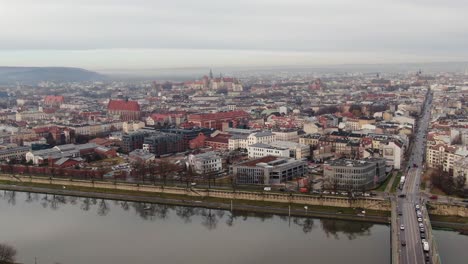 Spectacular-aerial-panorama-of-historic-center-of-Krakow-city,-Poland
