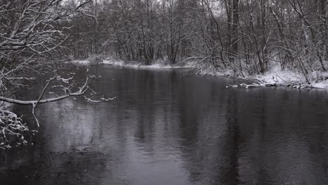 Winter-river-panorama,-snowy-trees