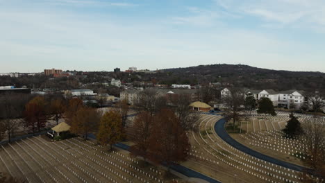 Fayetteville-vast-cemetery,-many-white-graves,-flyover-aerial-shot,-day