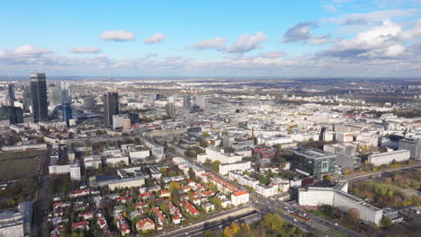 Aerial-shot-towards-central-Warsaw-on-a-sunny-day