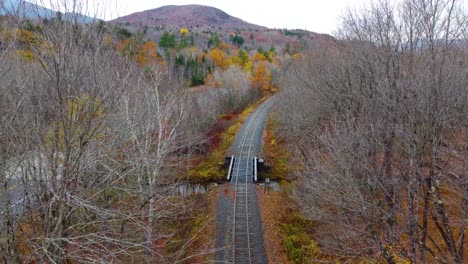 Aerial-Train-POV-along-railroad-through-colorful-autumn-forest