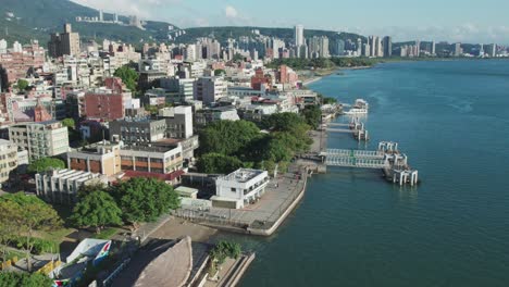 Panoramic-aerial-establishes-Tamsui-promenade-with-sweeping-view-of-skyscrapers-in-Taiwan