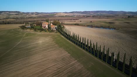 Long-row-of-trees-line-road-leading-to-mansion-overlooking-scenic-Tuscan-countryside