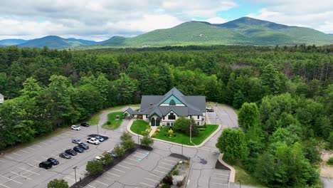 Aerial-View-of-a-Catholic-Church-in-The-White-Mountains-in-New-Hampshire-in-Summer