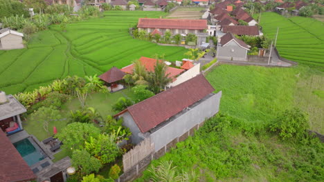 Aerial-View-Of-Town-Houses-And-Rice-Fields-In-Bali-Island,-Indonesia