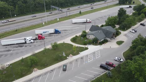 Aerial-view-of-trucker-rest-stop-along-a-highway-near-Ann-Arbor,-Michigan,-USA