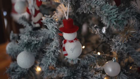 Snowman-ornament-on-frosted-Christmas-tree