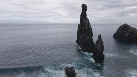Aerial-view-of-Islets-of-Ribeira-da-Janela,-an-impressive-rock-formations-that-mark-the-seascape