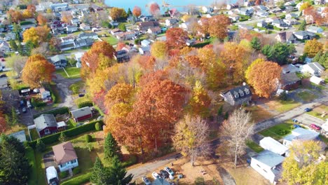 Aerial-Flyover-of-Suburban-Neighborhood-in-Montreal-During-Fall-Season