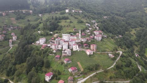 Drone-view-of-the-town-and-mosque-built-on-the-hill,-the-settlement-among-the-greenery