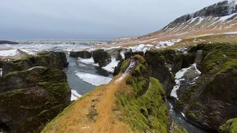 Fjadrargljufur-canyon-in-Iceland-during-winter,-high-angle