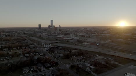 Oklahoma-City,-Oklahoma-skyline-with-drone-video-moving-in-wide-shot-at-sunset