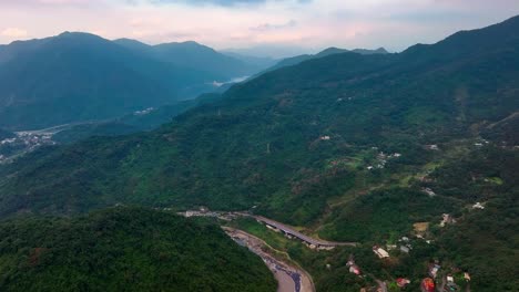 Aerial-view-of-beautiful-mountain-landscape-of-in-Taiwan-with-villages-during-cloudy-day