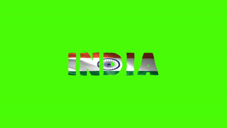Indien-Land-Wackelt-Mit-Textanimationsschriftzügen-Und-Ihrer-Wehenden-Flagge-Als-Textur-–-Grüner-Hintergrund,-Chroma-Key,-Wiederholbares-Video