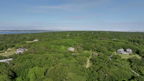 Rising-drone-shot-of-the-forests-covering-Martha's-Vineyard-with-the-occasional-rural-house