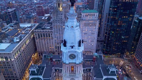 Christmas-in-Philadelphia,-Aerial-Panorama-of-Christmas-Village-at-Golden-Hour,-City-Hall