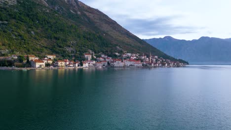 Idyllic-Town-of-Perast,-Picturesque-Waterfront-Aerial-Pano,-Montenegro,-Adriatic