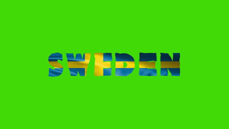 Schwedenland-Wackelt-Mit-Textanimationsschriftzügen-Und-Ihrer-Wehenden-Flagge-Als-Textur-–-Grüner-Hintergrund,-Chroma-Key-Loop-Video