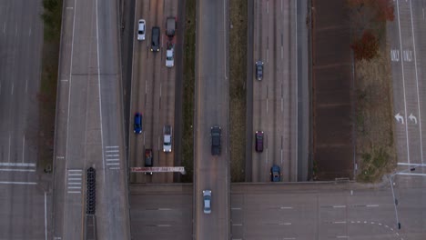 Birds-eye-view-of-cars-on-59-South-freeway-in-Houston,-Texas