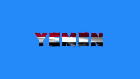 Las-Letras-De-Animación-De-Texto-De-Movimiento-Del-País-De-Yemen-Con-Su-Bandera-Ondeante-Se-Mezclan-Como-Una-Textura---Fondo-De-Pantalla-Azul-Croma-Clave-Video-En-Bucle