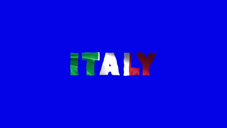 Italien-Land-Wackelt-Mit-Textanimationsschriftzügen-Und-Ihrer-Wehenden-Flagge-Als-Textur-–-Blauer-Hintergrund,-Chroma-Key-Loop-Video