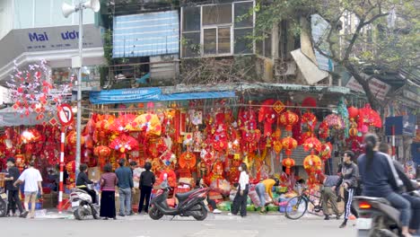 Colourful-ornamental-display-of-red-and-orange-trinkets-celebrating-New-Year