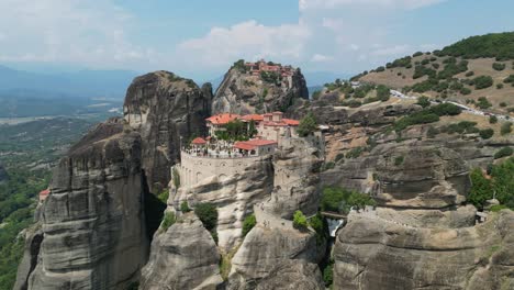 Meteora-Monastery-Tourist-Attraction-and-Popular-Landmark-in-Thessaly,-Greece-Mainland---Aerial-4k-Circling