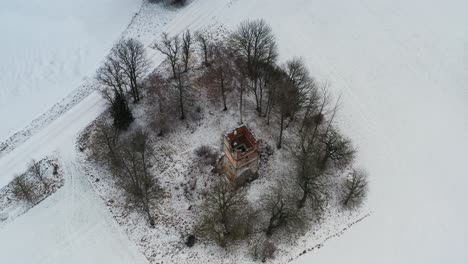 Aerial-view-of-snowy-field-and-old-church-bell-tower-remains-among-tree