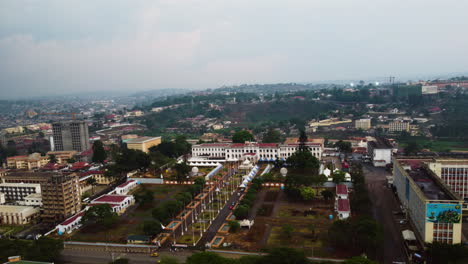 Aerial-tracking-shot-in-front-of-the-National-museum-in-Yaounde,-Cameroon,-Africa