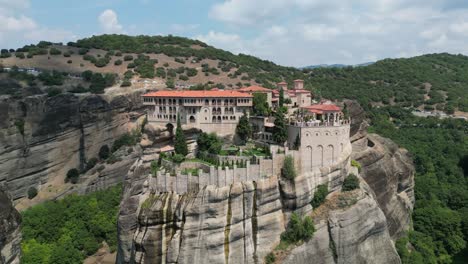 Meteora-Monastery-on-Top-of-a-Rock-in-Thessaly,-Greece-Mainland---Aerial-4k-Circling