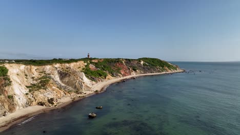 Wide-drone-shot-of-the-Martha's-Vineyard-shoreline-with-the-Gay-Head-Lighthouse-on-the-horizon