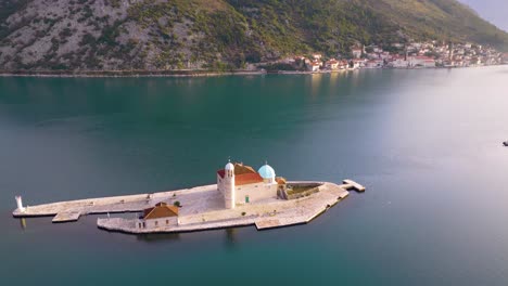 Beautiful-Church-Islands-of-Perast,-Aerial-Panorama-during-Golden-Hour,-Montenegro