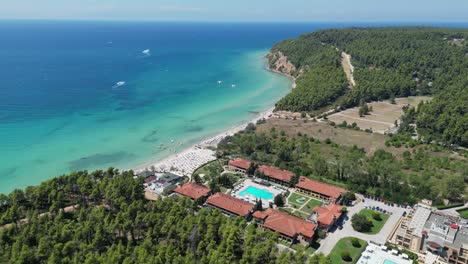 Halkidiki-Luxury-Beach-Resort-Hotel-in-Kassandra,-Greece---Aerial-4k