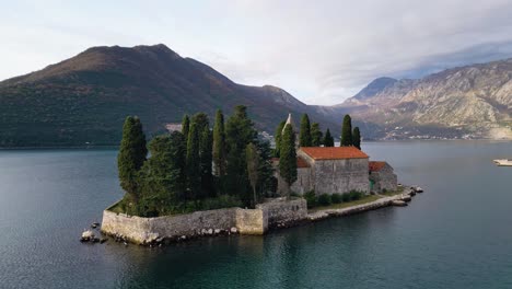 Charming-Island-of-Saint-George,-Benedictine-Monastery-from-XII-Century,-Aerial-Pano,-Montenegro,-Adriatic-Sea